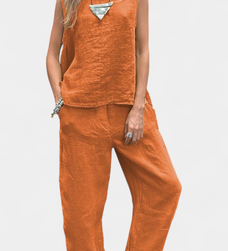 Leona Conjunto de Chaleco y Pantalón Sin Mangas en Algodón Lino