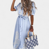 Vestido Camisa Bordado Nerea con Cinturón y Mangas Abullonadas