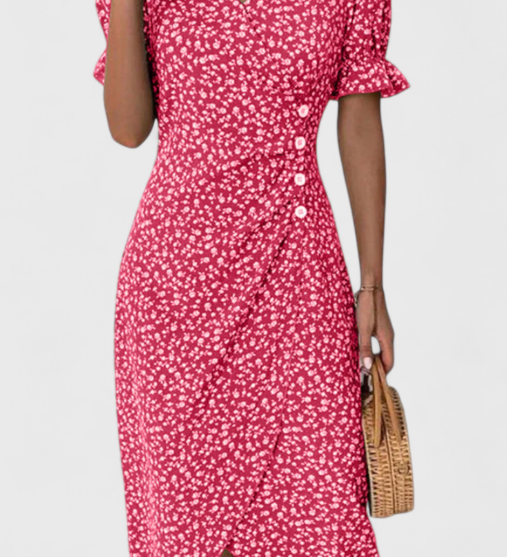 Vestido Midi Floral Joana con Escote en V y Mangas Cortas