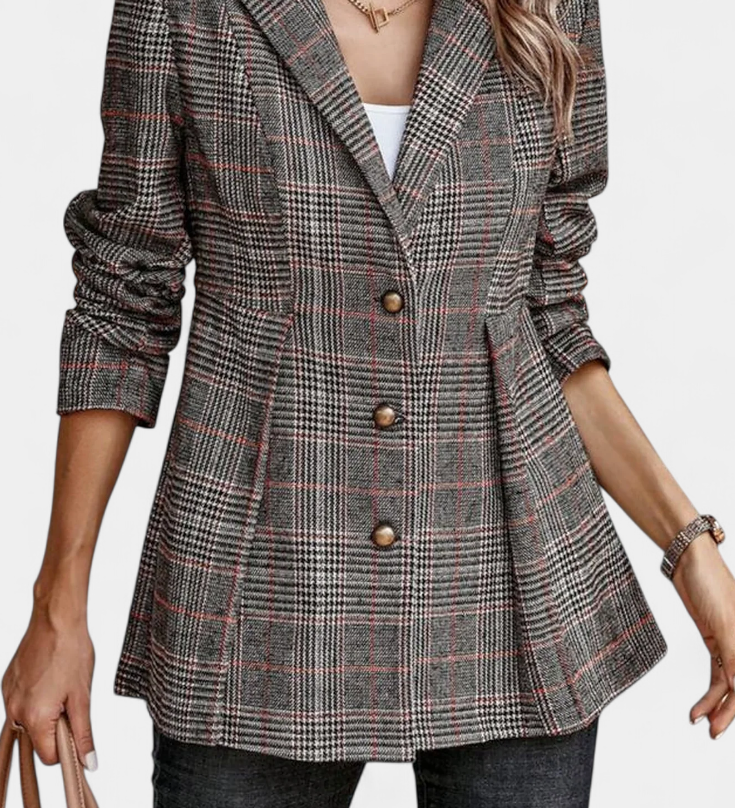 Calico Blazer Peplum a Cuadros con Solapa de Muesca
