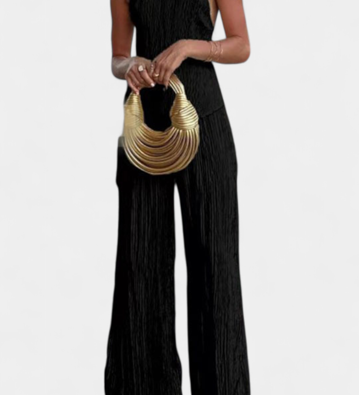 Pilarica Conjunto Elegante Plisado de Top Asimétrico y Pantalón Fluido