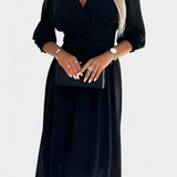 Vestido Midi Elegante Dorina con Escote en V y Mangas Livianas