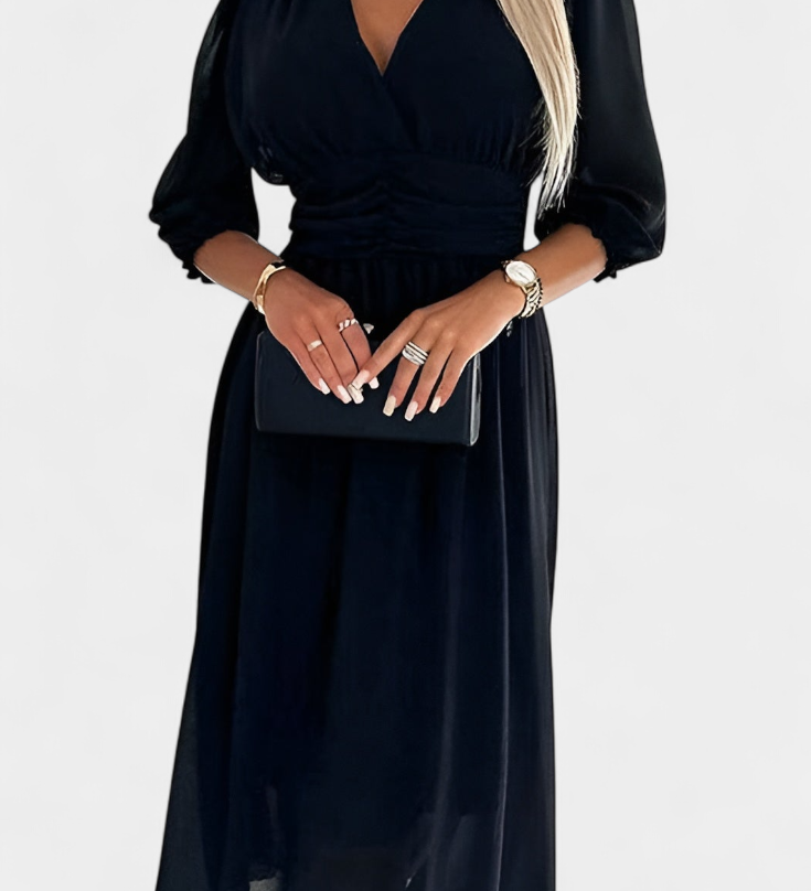 Vestido Midi Elegante Dorina con Escote en V y Mangas Livianas