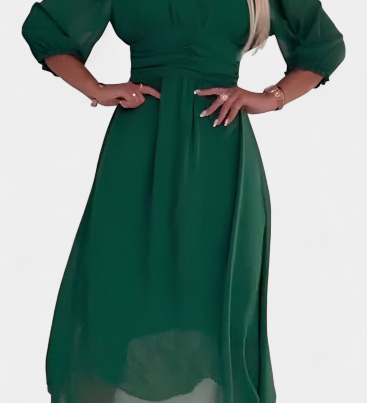 Vestido Midi Elegante Dorina con Escote en V y Mangas Livianas