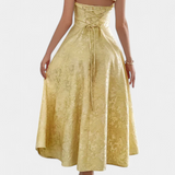 Vestido Midi Jacquard Gilda con Espalda Abierta y Cintura Alta