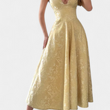Vestido Midi Jacquard Gilda con Espalda Abierta y Cintura Alta