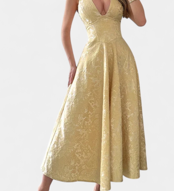 Vestido Midi Jacquard Gilda con Espalda Abierta y Cintura Alta