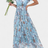Vestido Maxi Floral Amara con Escote en V y Mangas de Volante