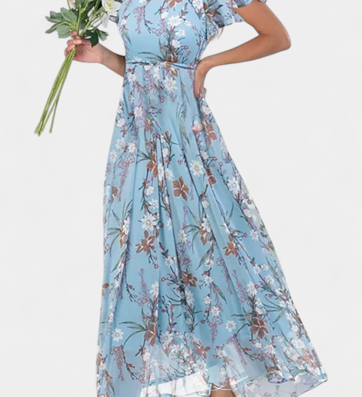 Vestido Maxi Floral Amara con Escote en V y Mangas de Volante