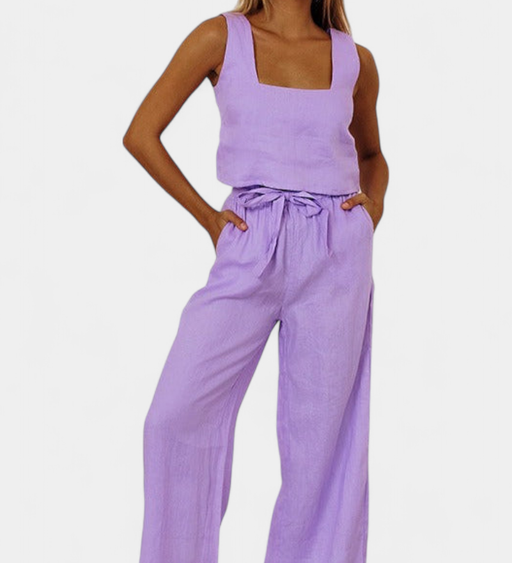 Pascuala Conjunto de Lino de Dos Piezas con Blusa sin Mangas y Pantalón Fluido