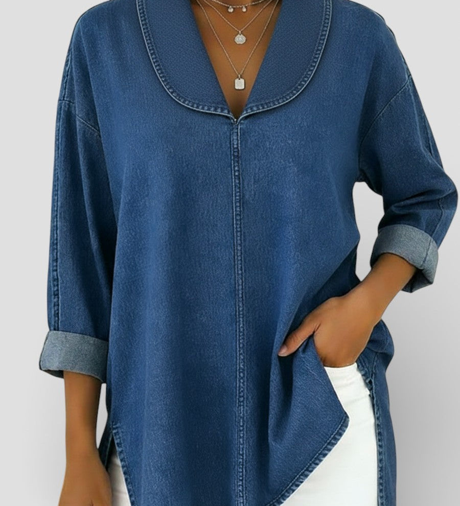 Alicia™ | Blusa vaquera retro con cuello chal