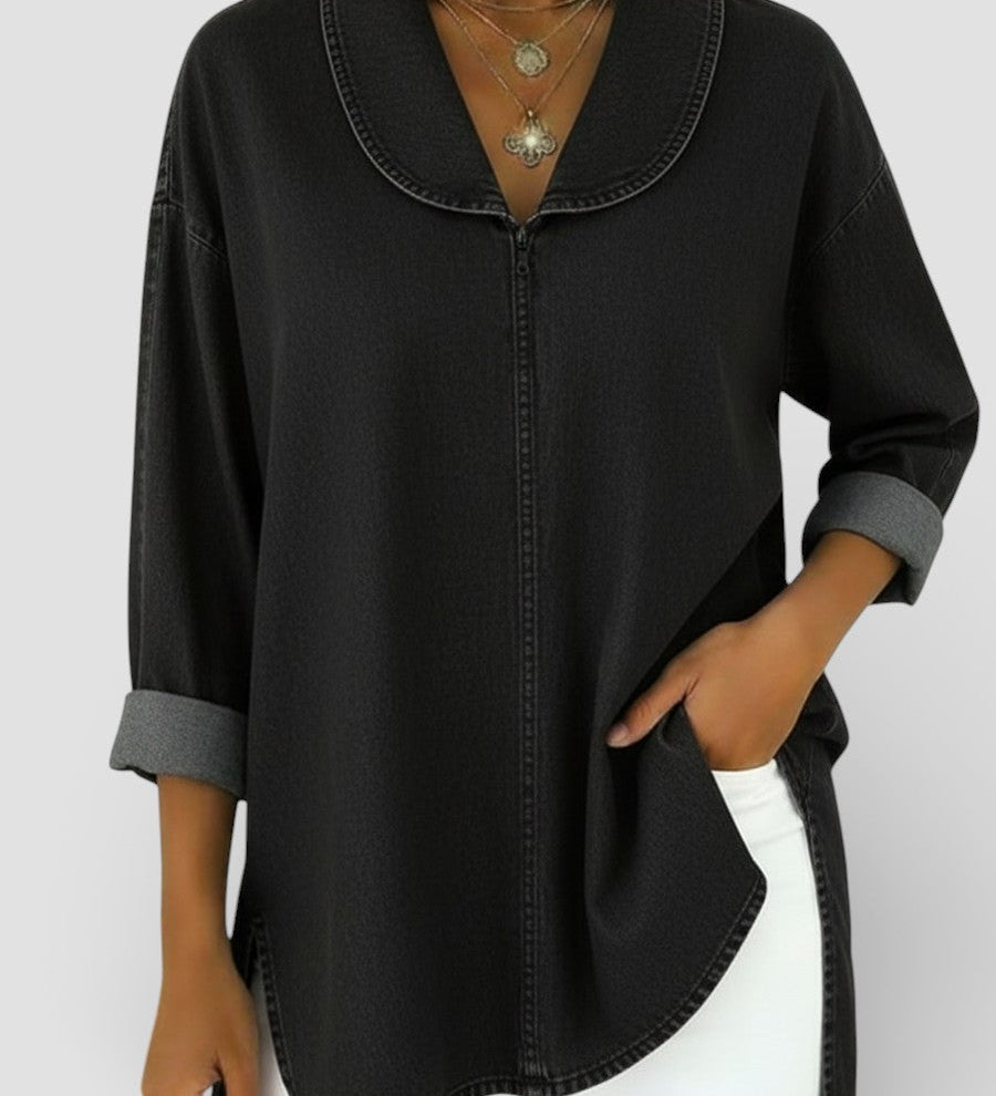 Alicia™ | Blusa vaquera retro con cuello chal